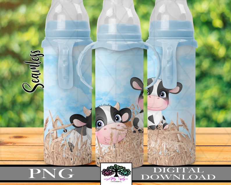 May include: A blue baby bottle with a white and black cow design. The cow is peeking out from behind a field of wheat. The bottle has a handle and a clear top.