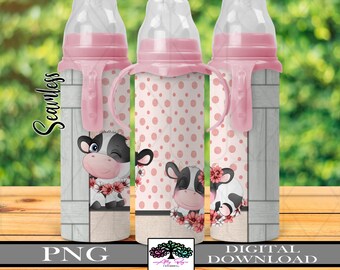May include: Three pink baby bottles with a white and pink polka dot design and a cartoon cow with pink flowers. The bottles have a handle and a clear top. The background is a wood grain pattern.