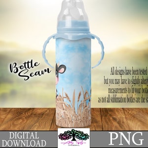 May include: A sublimation design featuring a cartoon cow in a field of wheat, with a blue sky background. The design is meant to be used on a baby bottle.