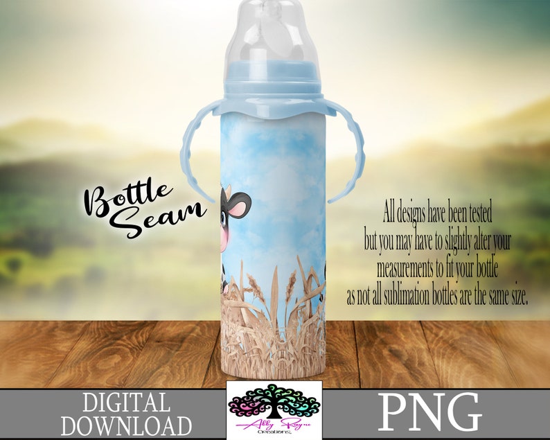 May include: A sublimation design featuring a cartoon cow in a field of wheat, with a blue sky background. The design is meant to be used on a baby bottle.