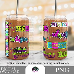 AUTISME PNG 16oz glas kan inpakken PNG digitale download, neurodiversiteit, glas bierblikje, moeder autisme, autisme bewustzijn, acceptatie autisme