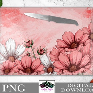 Glass Cutting Board PNG, Placemat, White and Pink Cosmos Floral Sublimation Design PNG, Digital Download