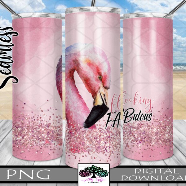 Flamingo Flocking Fabulous Faux Glitter 20oz Skinny Tumbler Straight Seamless Tumbler Wrap Template Straight | PNG