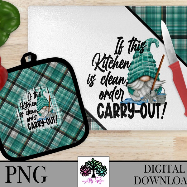 Kitchen is Clean Order Carry Out Gnome Glass Cutting Board PNG Oven Mitt Design Sublimation PNG Set, Digital Download, Turquoise