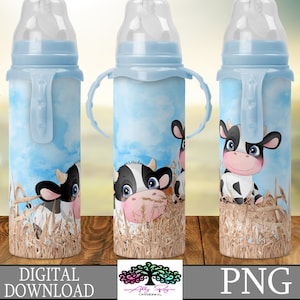 Envoltório de sublimação sem costura PNG da Cow Farm BABY BOTTLE, download digital