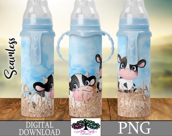 Cow Farm BABY BOTTLE PNG Seamless Sublimation Wrap, Digital Download