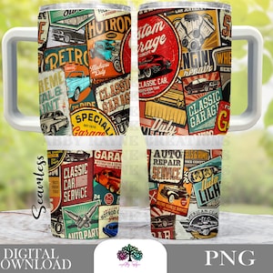 May include: A seamless pattern featuring a vintage car theme with colourful graphics and text. The pattern includes images of cars, tyres, and auto repair shops. The text includes phrases like "Classic Garage", "Auto Repair Service", and "Hot Rod Garage".