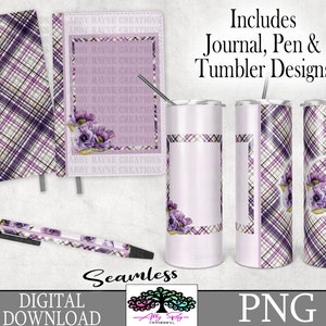 Bundle floral de journal à carreaux et pochette de stylo Design PNG en téléchargement numérique, violet