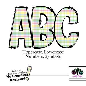 May include: ABC in a yellow, pink, and green plaid pattern. The letters are outlined in black and have a slightly distressed look. The text below reads "Uppercase, Lowercase, Numbers, Symbols".