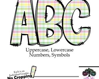 May include: ABC in a yellow, pink, and green plaid pattern. The letters are outlined in black and have a slightly distressed look. The text below reads "Uppercase, Lowercase, Numbers, Symbols".