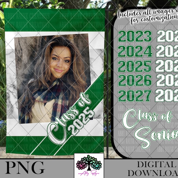 Class of 2024 High School Senior Graduation Garden Flag PNG Sublimation Designs, School Colors Green White, Digital Download