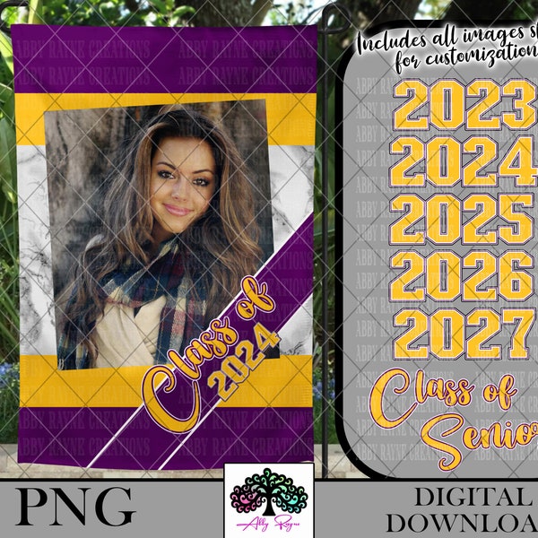 Class of 2024 High School Senior Graduation Garden Flag PNG Sublimation Designs, School Colors Purple Yellow Gold, Digital Download
