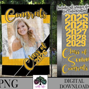 Letrero de jardín, bandera de jardín de graduación PNG, añadir foto, promoción de 2025, diseño de sublimación para estudiantes de último año de secundaria, amarillo, dorado y negro, descarga digital