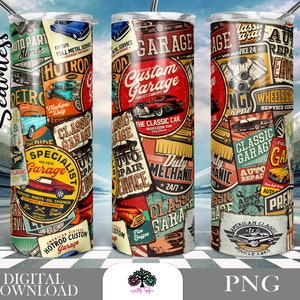 May include: A seamless pattern featuring a vintage-style design with a variety of images related to classic cars and garages. The pattern includes images of cars, tools, and text such as "Classic Garage", "Auto Repair", and "American Muscle Cars".