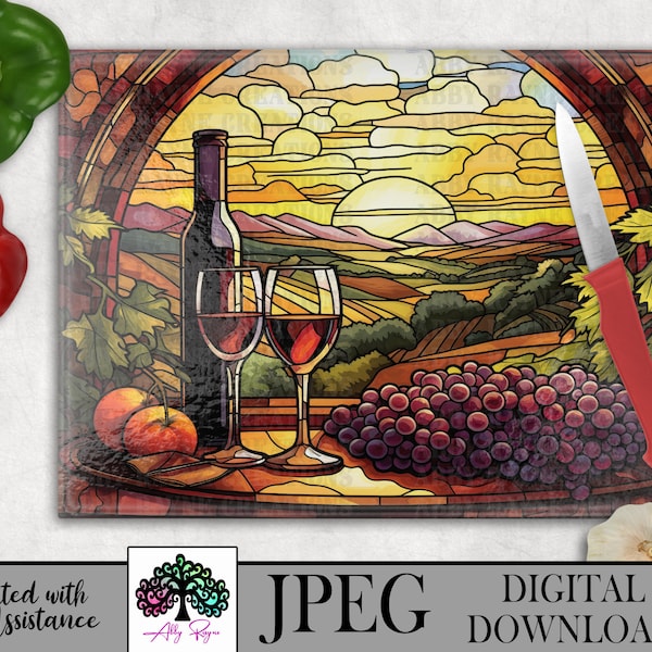 Wine Stained Glass Cutting Board Sublimation, Digital Download, Kitchen Sublimation JPEG Glass Cutting Board Printable, Wine Cutting Board