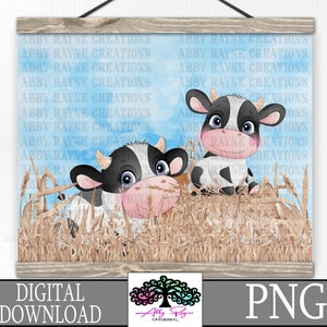 May include: Two cartoon cows with black and white spots stand in a field of wheat. The cows have pink noses and blue eyes. The background is a light blue sky with white clouds.