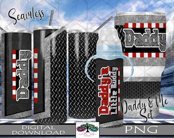 May include: A set of two stainless steel tumblers with a black and grey diamond plate pattern. The larger tumbler has the word "Daddy" in red and white stripes. The smaller tumbler has the words "Daddy's Little Buddy" in red and white stripes. The tumblers are for sublimation.