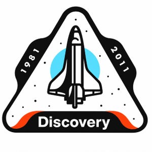 May include: A triangular embroidered patch featuring a black and white space shuttle illustration centered over a light blue circle. The patch includes the text 1981 and 2011 on the sides, the word Discovery at the bottom, and small black dots.