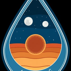 Puede incluir: Una pegatina en forma de gota que muestra un cielo nocturno azul oscuro con dos lunas blancas y estrellas sobre un paisaje desértico con dunas de arena naranja y amarilla. Un gran sol naranja texturizado se sitúa en el centro, con ARRAKIS debajo.