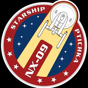 May include: A circular patch featuring a stylized white and yellow starship graphic against a dark blue background with white stars. A red border contains the white text STARSHIP PTICHKA and NX-09, with small white stars encircling the design.