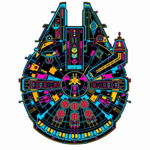 May include: A graphic illustration of a spaceship featuring a circular body and a forward-facing cockpit. The design uses a black background with vibrant neon outlines in cyan, magenta, and yellow, highlighting intricate mechanical details.