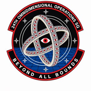 May include: A circular holographic sticker featuring a central graphic of an eye inside a rotating orbital ring structure. The text 24TH OMNIDIMENSIONAL OPERATIONS SQ and BEYOND ALL BOUNDS is printed in white along the curved black border of the emblem.