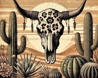 Western Cow Skull with Cactus and Leopard Print PNG – Digital Download for Sublimation & Crafts