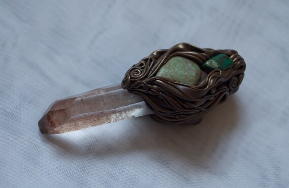 Quartz Crystal Chrysocolla Polymer Clay Pendant