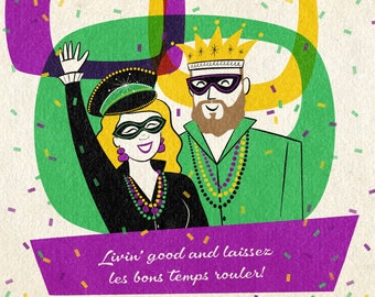 MARDI GRAS card; Cartoon of 2 people or pets; Personalized portrait; Just upper body; Retro vibe portrait; Family cartoon; Happy Mardi Gras