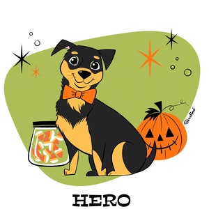 1 retrato personalizado de Halloween para mascotas, regalo personalizado para amantes de los perros, novia, monumento conmemorativo por la pérdida de una mascota, caricatura de perro en estilo moderno de mediados de siglo