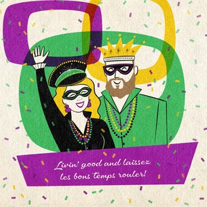 Carta MARDI GRAS; Cartone animato di 2 persone o animali domestici; Ritratto personalizzato; Solo la parte superiore del corpo; Ritratto dall'atmosfera retrò; Cartone animato di famiglia; Buon Martedì Grasso
