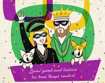 MARDI GRAS Cartoon of 4 people or pets custom portrait; Just upper body; Retro vibe portrait; Mardi Gras card; Family cartoon