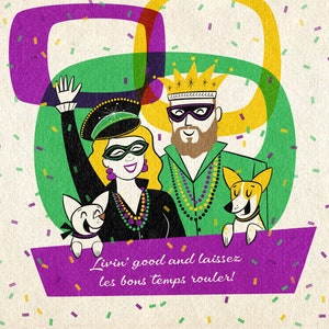 MARDI GRAS Fumetto di 4 persone o animali domestici ritratto personalizzato; Solo parte superiore del corpo; Ritratto in stile retrò; Biglietto di Mardi Gras; Fumetto di famiglia