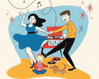 4 people or pets Retro Custom portrait, Family portrait, Dog cartoon, Midcentury Modern design, Family cartoon with pets, Anniversary