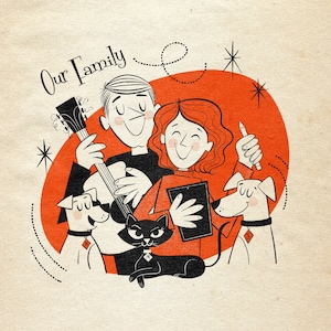 Portrait in cartoon style; Includes 5 family members, pets or humans; Retro vibe portrait; Midcentury Modern cartoon; Custom family portrait