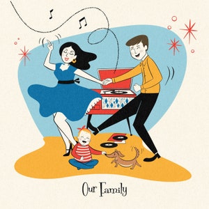 4 people or pets Retro Custom portrait, Family portrait, Dog cartoon, Midcentury Modern design, Family cartoon with pets, Anniversary