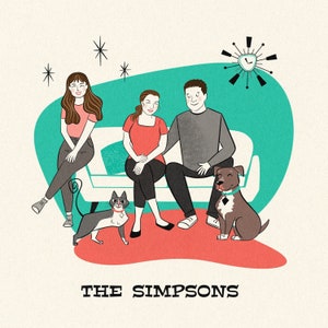 5 people or pets custom potrait; Retro cartoon; Family cartoon; Pets and family portrait; Cat cartoon; House Warming, Parents and children