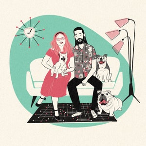 5 PETS OR HUMANS custom potrait; Retro cartoon; Family cartoon; Pets and family portrait; Birthday gift; Anniversary gift; Digital portrait