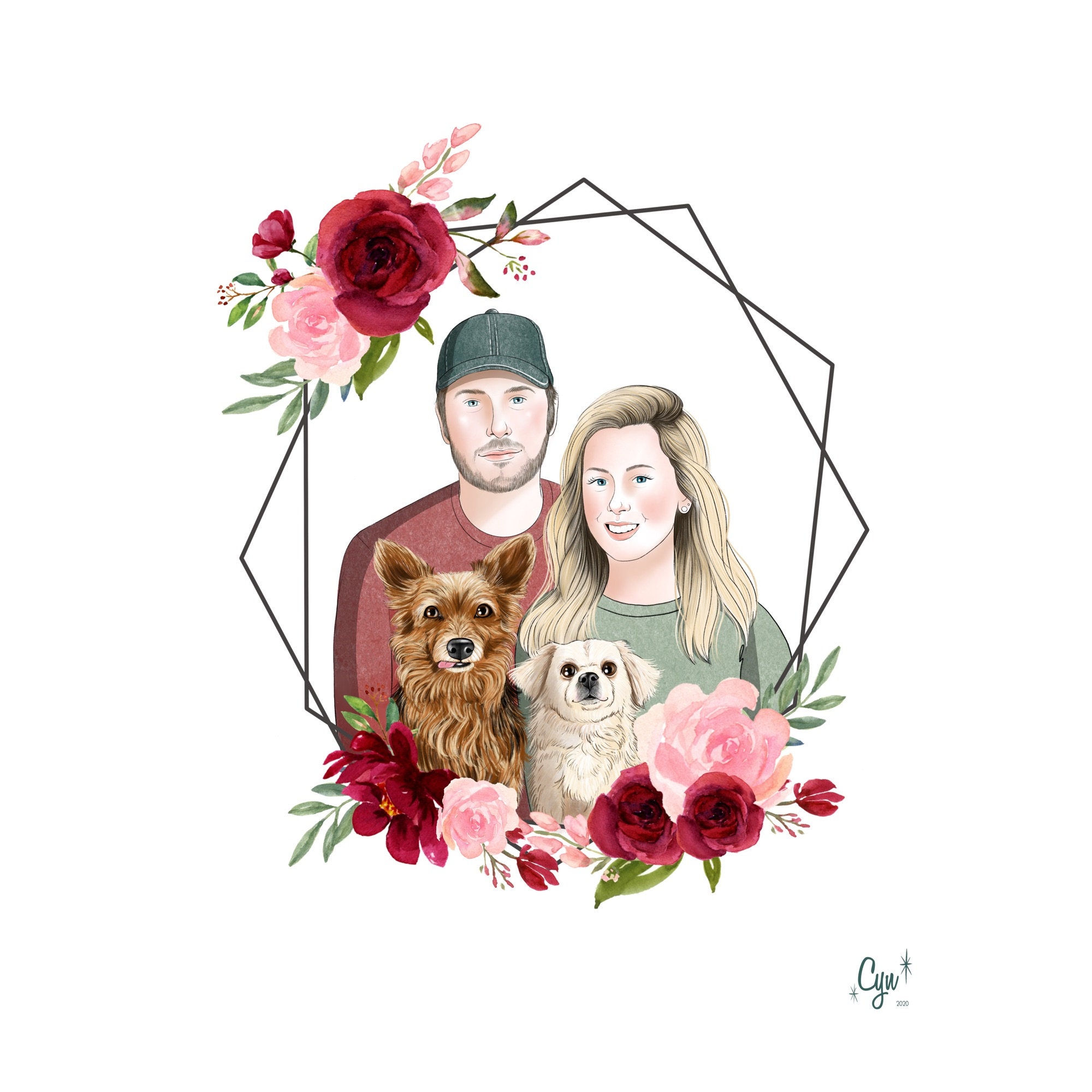 Pet Cartoon Digital Watercolor Pet Drawing Couple and Pets - Etsy