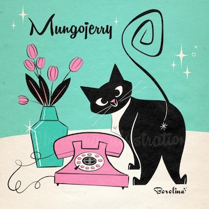 1 CAT portrait in Midcentury Modern style; Any breed of cat with vintage telephone background; Custom cartoon of your pet
