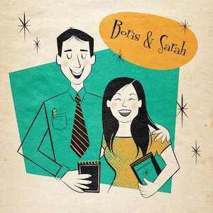 2 people or pets cartoon portrait; Couple portrait; Midcentury Modern; Personalized engagement gift, save the date