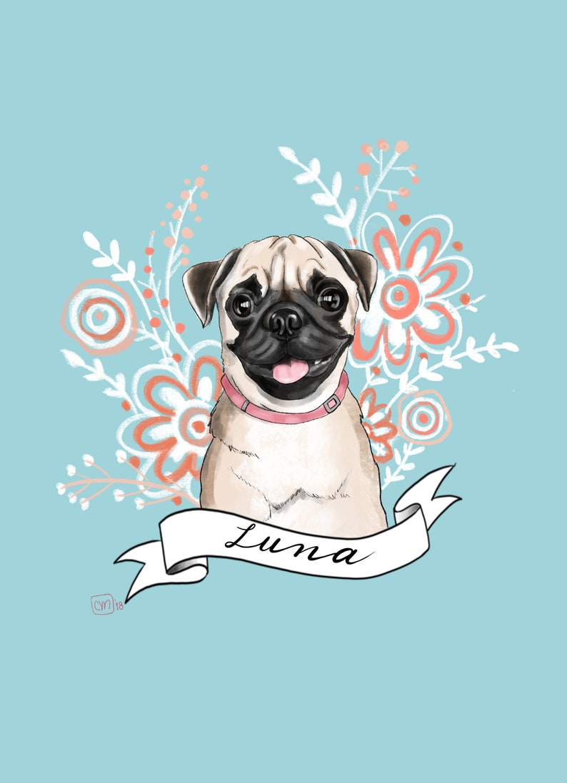 Pug portrait Custom dog portrait pet portrait Whimsical dog Gift for pet lovers Handmade portrait Pug illustration image 3