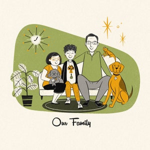 El retrato personalizado incluye 6 mascotas o humanos; Retrato familiar retro; Dibujos animados retro; Caricatura familiar; Dibujos animados de perros y gatos; retrato divertido