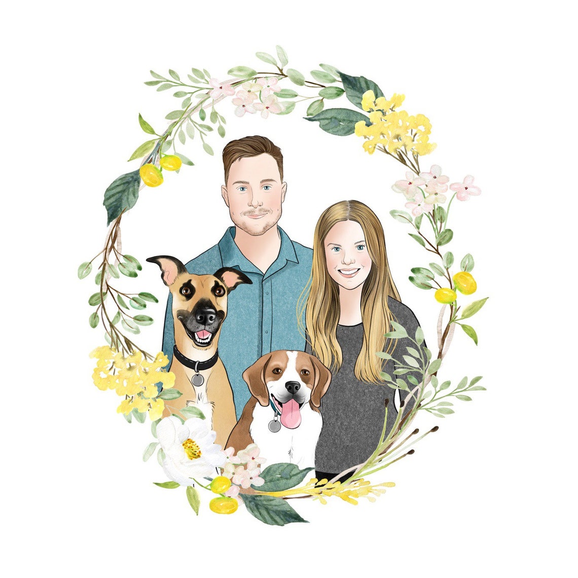 Personalized Portrait of Couple With Pets Cats and Dogs - Etsy
