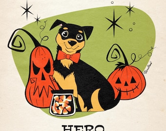 1 pet Halloween custom portrait, Personalized gift for dog lovers, girlfriend, pet loss memorial,Dog cartoon in Midcentury Modern style