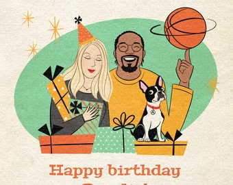 Digital birthday card in a retro style; Includes 3 people or pets; Birthday present; Personalized portrait; Cartoon of you and your pet