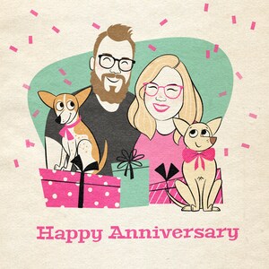 Digital birthday card in a retro style; Includes 4 people or pets; Birthday present; Personalized portrait; Cartoon of you and your pet