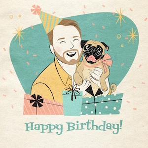 Digital birthday card in a retro style; Includes 2 people or pets; Birthday present; Personalized portrait; Cartoon of you and your pet