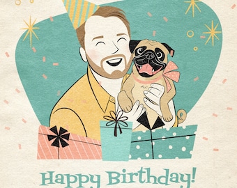 Digital birthday card in a retro style; Includes 2 people or pets; Birthday present; Personalized portrait; Cartoon of you and your pet