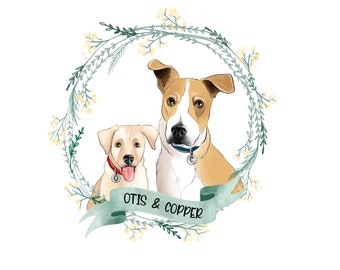 Custom Portrait of two dogs; Dog portrait; Dog illustration; Mutt portrait; Stray dog portrait; Rescue dog custom portrait